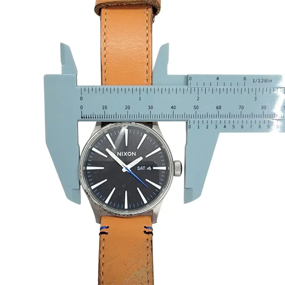 Nixon The Sentry Watch Mens Stainless Steel Leather Band Day Date Black Dial